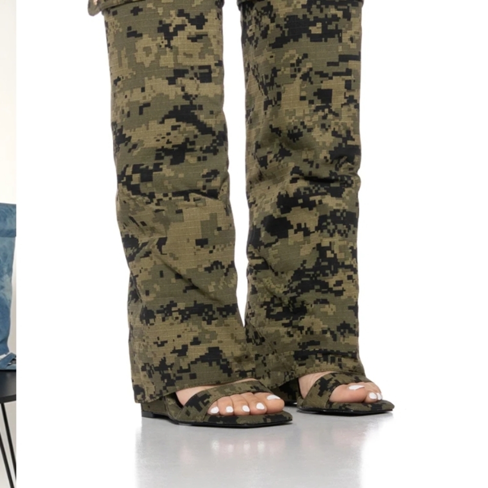 Green and Black Heeled Boots with Camouflage Design